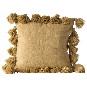 Luxurious Square Cotton Woven Slub Pillow With Tassels, Mustard