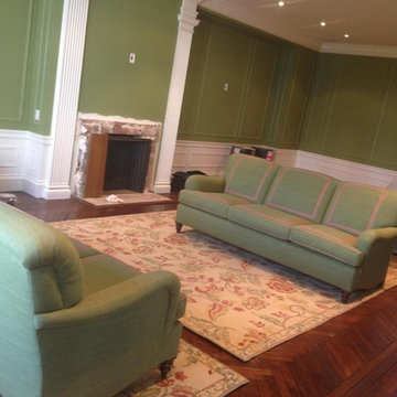 Pair of custom sofas in a beautiful green jacquard fabric — at The Sherry-Nethe