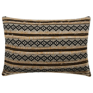 Black Beige Cotton 12"x20" Lumbar Pillow Cover Strip Woven Lace - Moroccan Dream