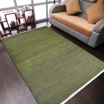 Rugsotic Carpets Hand Woven Flat Weave Kilim Wool Area Rug Solid Olive, [Rectangle] 4'x6'