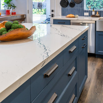 Quartz Countertop Detail with Blue Shaker Cabinetry