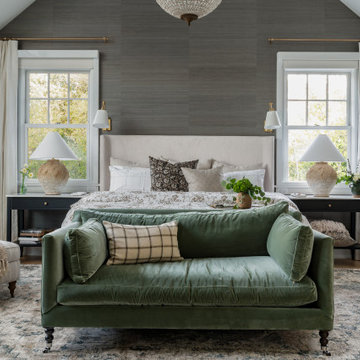 Warm and Inviting Primary Bedroom with Neutrals and Green Color Palette Grass Cl