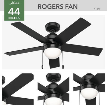 Hunter 44" Rogers Matte Black Ceiling Fan With LED Light Kit and Pull Chain