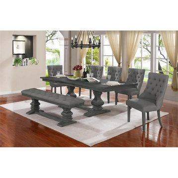Dark Gray Linen Fabric Dining Bench in Dark Gray Wood and Tufted Seats