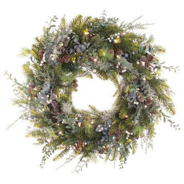 30" Lighted Christmas Wreath, Rustic White Berry