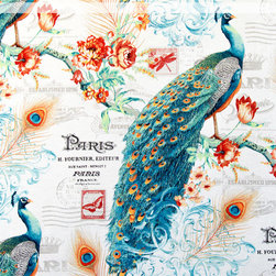 Peacock fabric Paris French letter butterfly stamp - Fabric