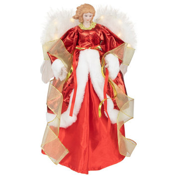 14" Red and White Angel with Lighted Candle Christmas Tree Topper