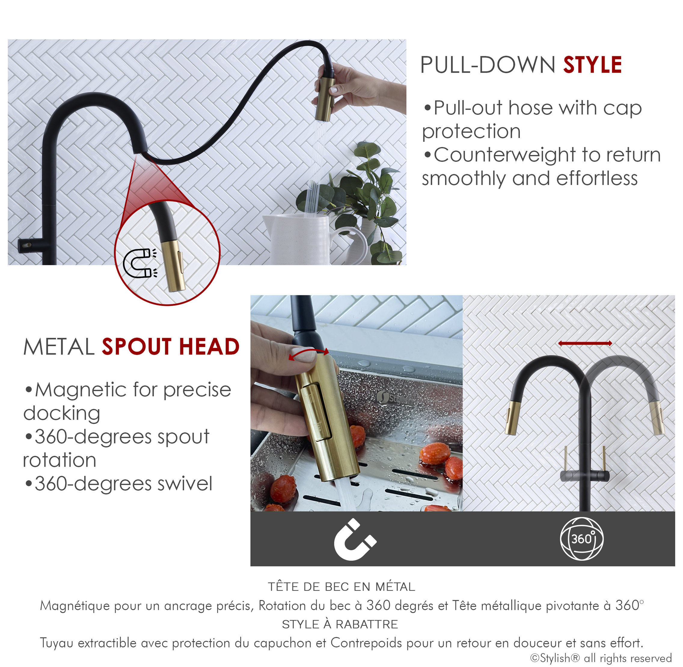 STYLISH Single Handle Pull Down Kitchen Faucet Dual Mode in Black-Brushed Gold