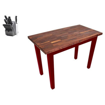John Boos Classic Walnut 36x25 Table and Henckels Knife Set, Barn Red, No Shelf, No Drawer, No Caster