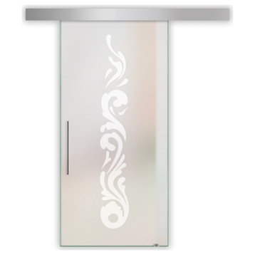 Glass Sliding Barn Door with various Full-Private Frosted Designs, 48"x84" Inches, T-Handle Bars