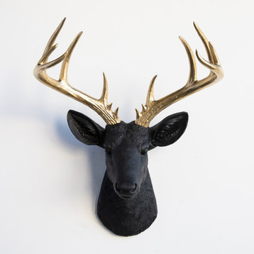 Faux Deer Head Wall Mount - 14 Point Stag Head Antlers, Black and Gold