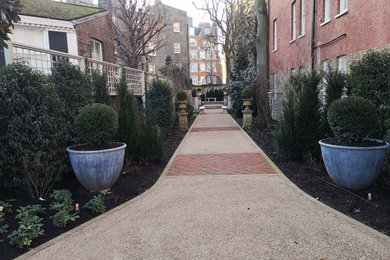 This is an example of a contemporary back formal garden for spring in London with a living wall and a wood fence.