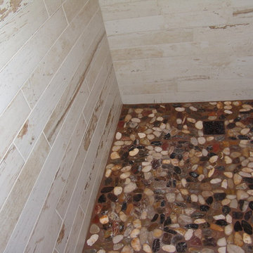 ShipLap Walls Shower Wall Pebble Shower Floor  Koch Cabinets Rustic Beech