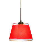 Besa Lighting - Besa Lighting 1JT-PIC9RD-BR Pica 9 - One Light Cord Pendant with Flat Canopy - Pica 9 is a compact tapered glass with a broad top and a radiused return at the bottom, its retro styling will gracefully blend into today's environments. The Blue Sand d�cor begins with a clear blown glass, with glossy outer finish. We then, using a handcrafting technique, carefully apply a band of actual fine-grained sand to the inner surface of the glass, where white color is fully saturated into the coating for a bold statement. A final clear protective coating is applied to seal and preserve the accent material. The result is a beautifully textured work of art, comfortable with the irony of sand being applied to a glass that ordinates from sand. When illuminated, the colors shimmers through the noticeable refractions created by every granule, as the sand patterning is obvious and pleasing. The cord pendant fixture is equipped with a 10' SVT cordset and an low profile flat monopoint canopy. These stylish and functional luminaries are offered in a beautiful brushed Bronze finish.  No. of Rods: 4  Canopy Included: TRUE  Shade Included: TRUE  Canopy Diameter: 5 x 0.63< Rod Length(s): 18.00Pica 9 One Light Cord Pendant with Flat Canopy Bronze Red Sand Glass *UL Approved: YES *Energy Star Qualified: n/a  *ADA Certified: n/a  *Number of Lights: Lamp: 1-*Wattage:75w A19 Medium base bulb(s) *Bulb Included:No *Bulb Type:A19 Medium base *Finish Type:Bronze