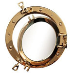 21" Polished Brass Porthole Window - This eye catching brass porthole window opens just like an actual porthole. The window can be removed and the brass porthole can be used as a picture frame if so desired. It measures 21"Dia. overall and 15"Dia. for the window itself. This porthole window weighs approx. 18 lbs. We are a retailor and do not deal with the installation process. The manufacturer does not supply any parts with this item. The only item being sold is the porthole window itself as pictured. It will add a definite nautical touch to whatever room it is placed in and is a must have for those who appreciate high quality nautical decor. It makes a great gift, impressive decoration will be admired by all those who love the sea.