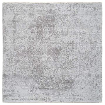 Gray Broken Persian Design Hand Knotted Wool and Silk Square Rug, 10'0"x10'0"