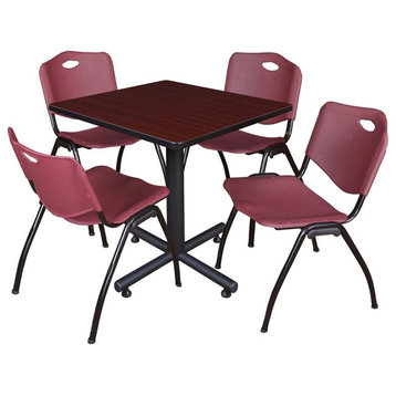 Kobe 30" Square Breakroom Table, Mahogany and 4 'M' Stack Chairs, Burgundy