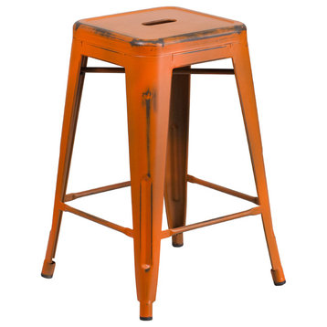 24" High Backless Distressed Orange Metal Indoor Counter H Stool