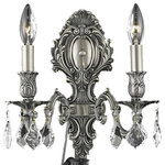 Elegant Lighting - Monarch 2 Light Pewter Wall Sconce Clear Royal Cut Crystal - Monarch 2 light Pewter Wall Sconce Clear Royal Cut CrystalRegal and distinct, the Monarch collection of wall sconces flaunts a swirling vision of scrolls and crystal. A graceful oval backplate, accented with ornate curlicues, supports one, two, three, or five scrolled arms. The frame is finished in pewter, dark bronze, or French gold. Sculpted candle holders add to the dramatic effect, while the soft candelabra lights (bulbs not included) add the finishing touch to this spectacular design. A majestic addition to an entryway, office, or bathroom.