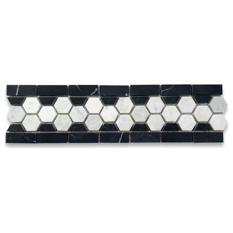 Carrara White Marble Hexagon Mosaic Border Listello Accent Tile Honed, 1 sheet