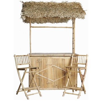 Bamboo Bar With Thatched Roof, Set of 2 Chairs