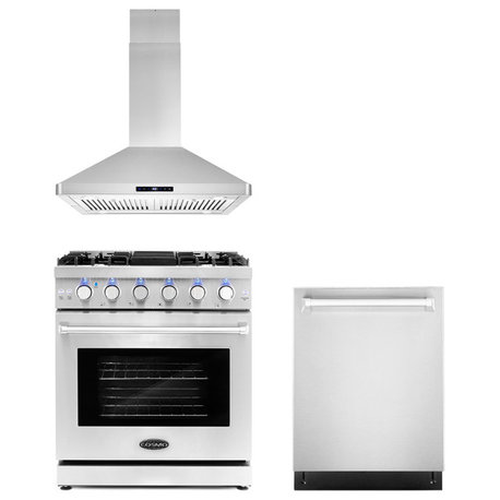 3-Piece, 30" Gas Range, 30" Island Range Hood and 24" Dishwasher