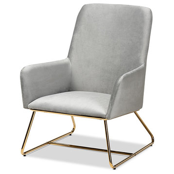 Sennet Glam and Luxe Gray Velvet Fabric Upholstered Gold Finished Armchair