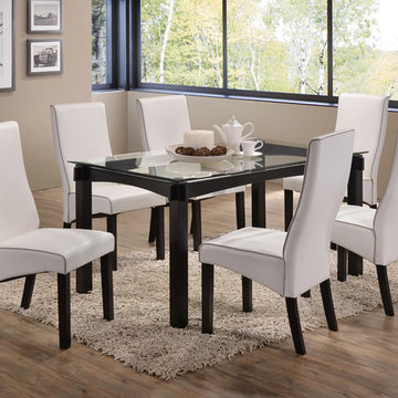 7 Piece Cappuccino Wood & Glass Kitchen Dinette Dining Table & 6 White Upholster