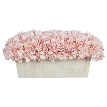 Artificial Baby Pink Hydrangea in White-Washed Wood Ledge