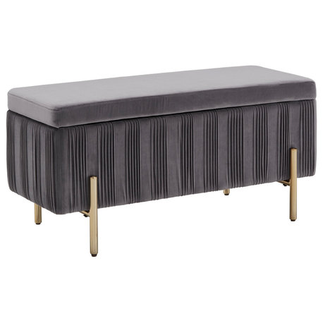 Joanne Gold Finished and Gray Pleated Velvet Lift-Top Storage Bench