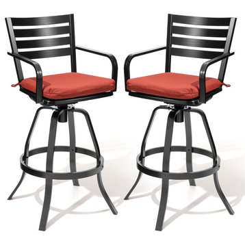 2PCS Patio Bar Stools Set Cast Aluminum Swivel with Sunbrella Seat Cushion, Red