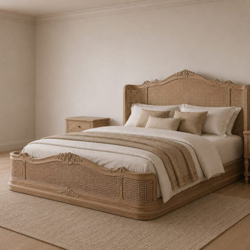 French Provincial Cane Bed | Hand-Carved teak Wood Louis XV Bed Frame