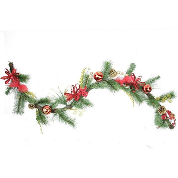 Grapevine and Pine, Red Ball Ornaments Artificial Christmas Garland, Unlit