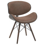 Armen Living - Cassie Dining Chair, Espresso With Dark Brown Faux Leather - Bring a touch of sculptural sophistication to your space with the Cassie Mid-Century Upholstered Dining Chair, a design-forward statement piece that delivers comfort, elegance, and practicality in equal measure. This eye-catching chair features a gently curved seat and backrest upholstered in premium faux leather, offering supportive comfort with a medium-firm cushion ideal for long meals, work sessions, or relaxed gatherings. The distinctive silhouette showcases a medium-high open back for airflow and natural posture alignment, while the signature Eiffel-style base adds a nod to iconic mid-century design. Sturdy metal crossbars accent the tapered wood legs, enhancing structural integrity and visual appeal. Whether you're styling a modern dining room, updating a breakfast nook, or adding flair to a home office, the Cassie chair blends seamlessly with a variety of decor styles'from minimalist and modern to vintage-inspired interiors. Available in multiple finishes to match your mood and setting, the Cassie comes in Walnut Wood with Black Faux Leather or the new Espresso Oak with rich Vintage Dark Brown Faux Leather upholstery'each adding warmth and texture to your dining ensemble. Thoughtful touches like integrated floor protectors help preserve surfaces, while the streamlined design ships in one box for quick and easy assembly.