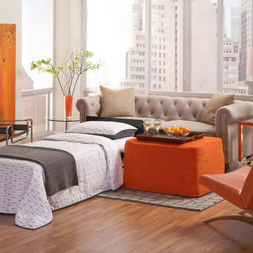 Castro Convertible Ottoman open with linens, another a perfect cocktail table.