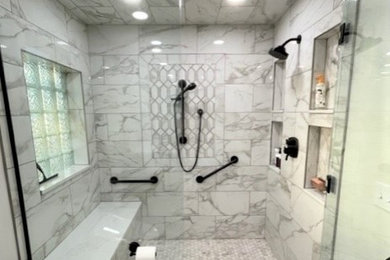 Bathroom - large transitional master white tile and ceramic tile porcelain tile, white floor and single-sink bathroom idea in Detroit with recessed-panel cabinets, dark wood cabinets, a bidet, gray walls, an undermount sink, quartz countertops, a hinged shower door, white countertops and a built-in vanity