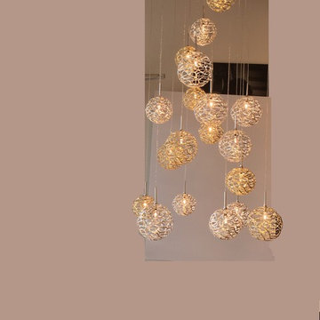 GOLDEN SILVER GLAM LIGHTING CHANDELIERS, GLOW PENDANTS by GALILEE LIGHTING