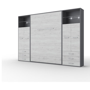 Invento Wall Bed With 2 Cabinets, Slate Grey/White Monaco, With Mattress 55.1x78.7"