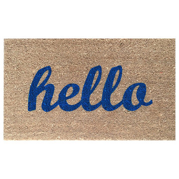 Hand Painted "Hello" Script Welcome Mat, Pacific Blue