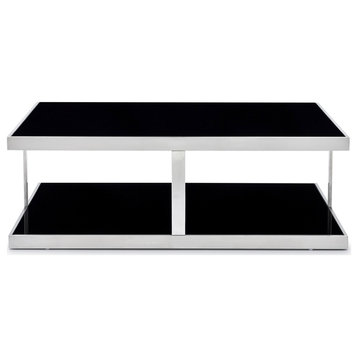 Thanet Coffee Table Opaque Black Tempered Glass Top Brushed Stainless Steel Base