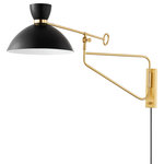 Hudson Valley - Cranbrook 1-Light Portable Wall Sconce, Aged Brass/Soft Black - This portable wall sconce is functional—it has a full-range dimmer and pivots at two points  extending the fixture from the wall and adjusting the height of the Soft White or Black shade. It is also beautiful with metal details  slender curved arms and an Aged Brass band that transforms what would be a traditional dome shade into a pretty hourglass silhouette.