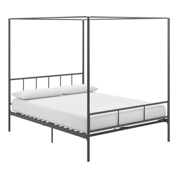 Modern Queen Canopy Bed Frame, Metal Construction With Headboard, Dark Grey