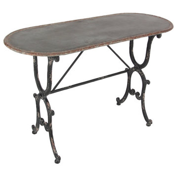 Industrial Console Table, Scrolled Accented Metal Frame & Oval Top, Distressed