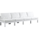 Meridian Furniture - Nizuc Water Resistant Patio Modular Straight Sofa, White, 4-Piece: 4 Armless Chair, White Aluminum Frame - Pick and choose your favorites from the Nizuc collection to create a modular seating group the whole gang will enjoy. The sturdy aluminum frame provides dependable support for friends and family as they relax and unwind, and the resilient white water resistant fabric stands up to the elements without losing its beautiful demeanor, so you can count on it lasting for the long haul. Latches beneath these seating pieces help you easily attach them to one another for convenient setup.