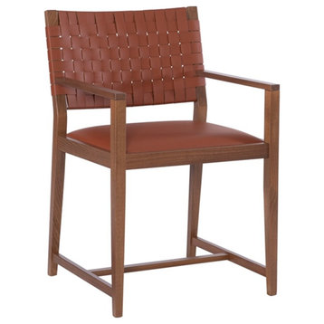 Linon Hutton Solid Wood and Leather Arm Chair in Brown