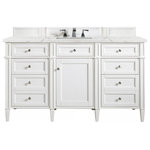 James Martin Vanities - Brittany 60" Bright White Single Vanity w/ 3 CM Eternal Jasmine Pearl Quartz Top - The Brittany 60" Burnished Mahogany single vanity by James Martin Vanities features classic details that bridge both Traditional and Transitional styles. This beautiful piece of furniture includes one hide-away top row tip out drawer, plus six full-depth drawers, two of which are double-height for storage of taller items. This cabinet also has one door, which conceals an interior shelf for ample storage. Hand crafted in Birch solids and Birch veneers with Satin Nickel hardware. Matching wood backsplash is included. The look is completed with a 3cm eased edge Eternal Jasmine Pearl Quartz top by Silestone and a premium solid surface sink.