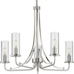 Progress Lighting - Riley Collection's 5-Light Brushed Nickel Chandelier - Incorporate a sleek simplicity and natural beauty with the Riley Collection's Five-Light Brushed Nickel Chandelier. Clear glass shades are ready to offer stunning, rejuvenating illumination. The shades rest on a gorgeous brushed nickel frame that manifests feelings of tranquility and serenity.