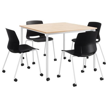 KFI Dailey 42in Square Dining Set - Natural/White Table - Black Chairs w/Casters