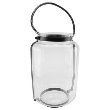 18" Clear Glass Hurricane Candleholder Lantern With Jet Metal Frame, Black