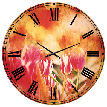 Tulips On Abstract Red Background Floral Large Wall Clock, 36x36